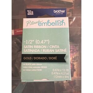 Brother P-Touch Embellish Satin Ribbon Gold on Black 1/2" TZe-R234 12mm x 4m